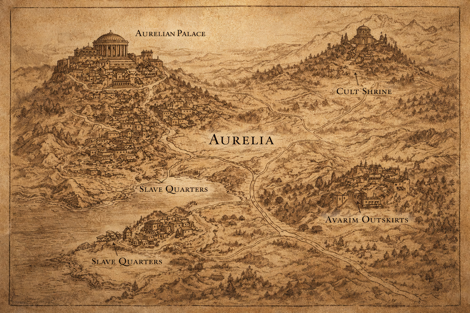 Illustrated map concept of Aurelia and surrounding regions.