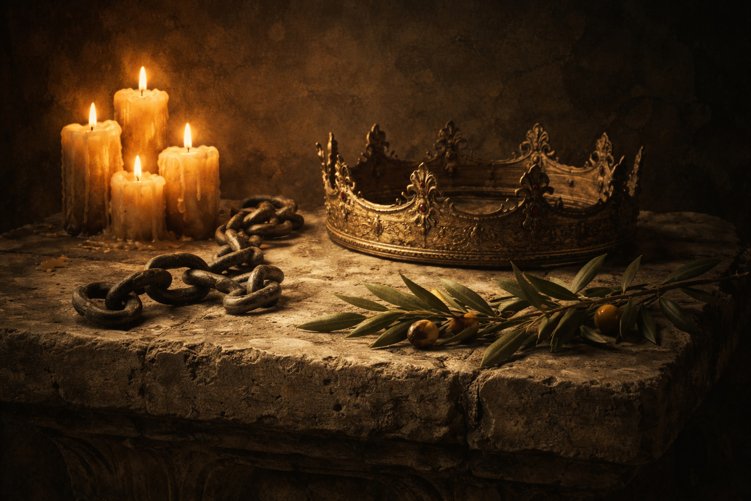 Motif concept art showing crown, chains, candles, and olive branch.