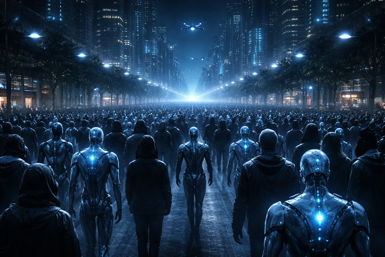 Sequel concept of a silent human and synthetic resistance march.