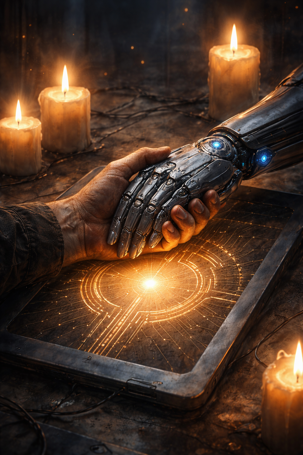 Sequel motif concept showing joined human and synthetic symbols.